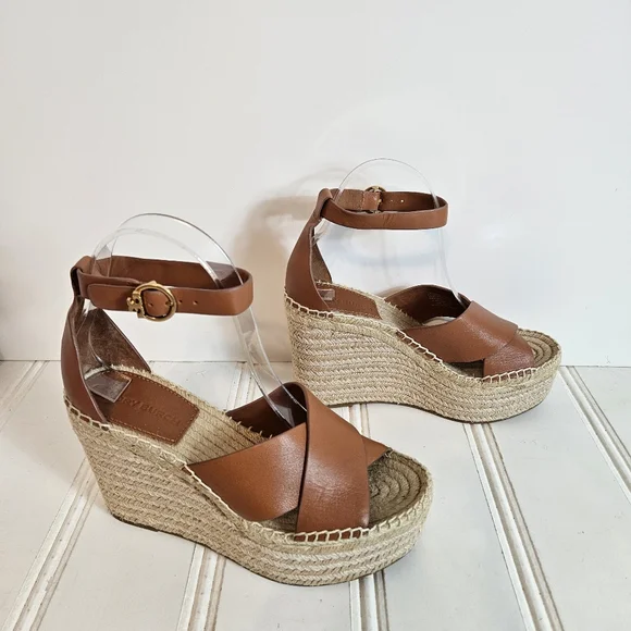Tory Burch Selby 105 Wedge Espadrille Sandals 6.5 Leather Platform Logo Buckle - Picture 3 of 14
